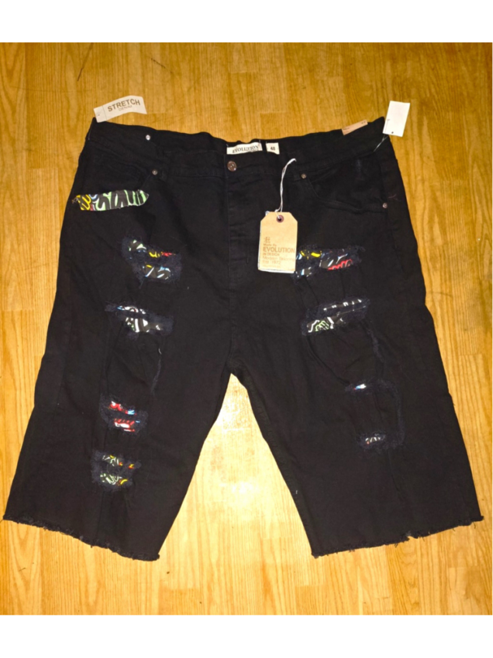 Evolution In Design Men's Black Stretch Distressed Denim Shorts Size 48 Zip